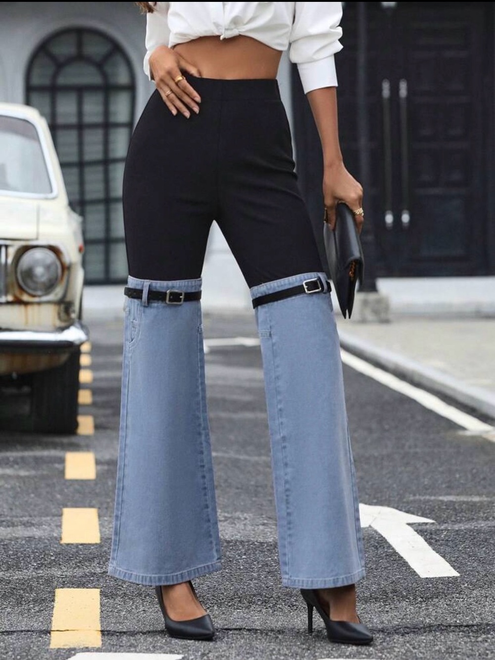 New Arrivals! High-Waist Two-Tone Black and Light Blue Flared Jeans